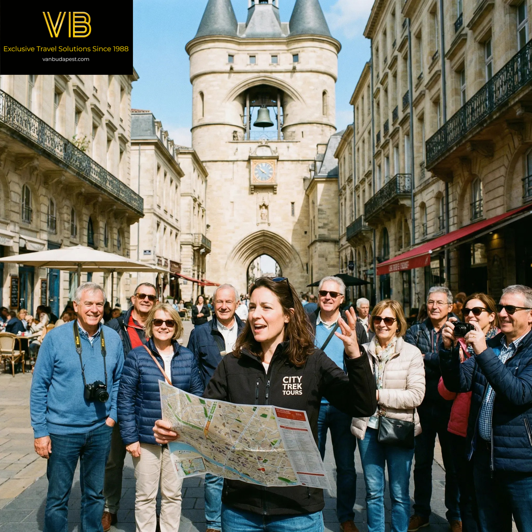 Tour guide with guests in a European city