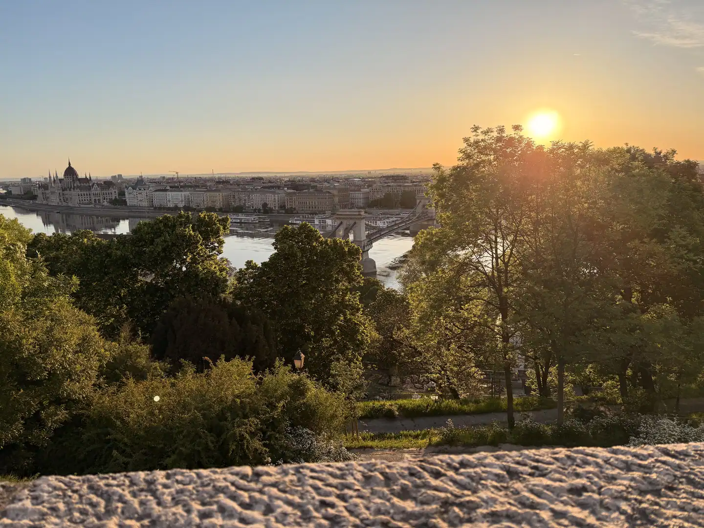 Sunset over the Danube, Chain Bridge, and Parliament from Buda