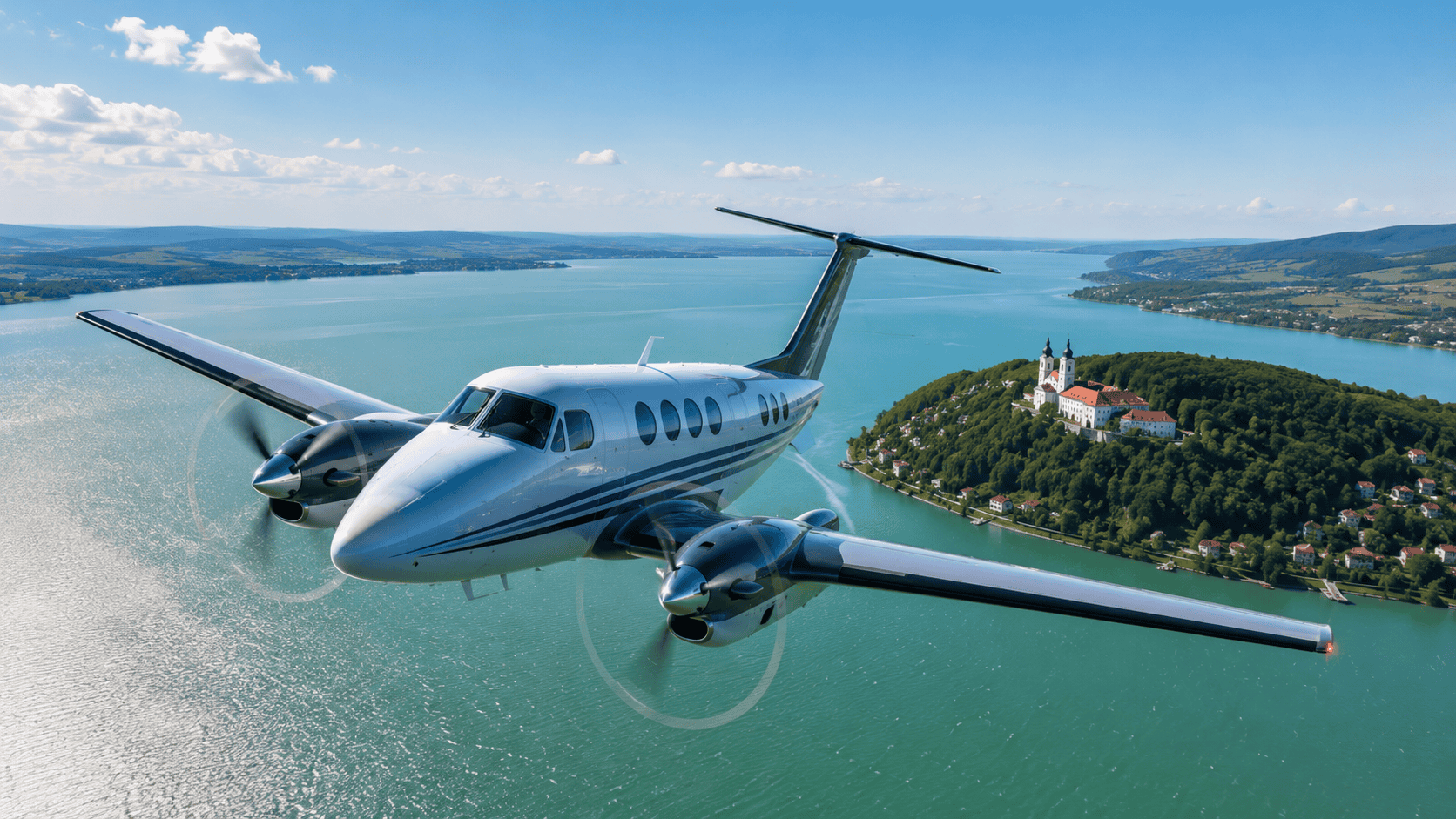 Aircraft flying above the Tihany peninsula on Lake Balaton