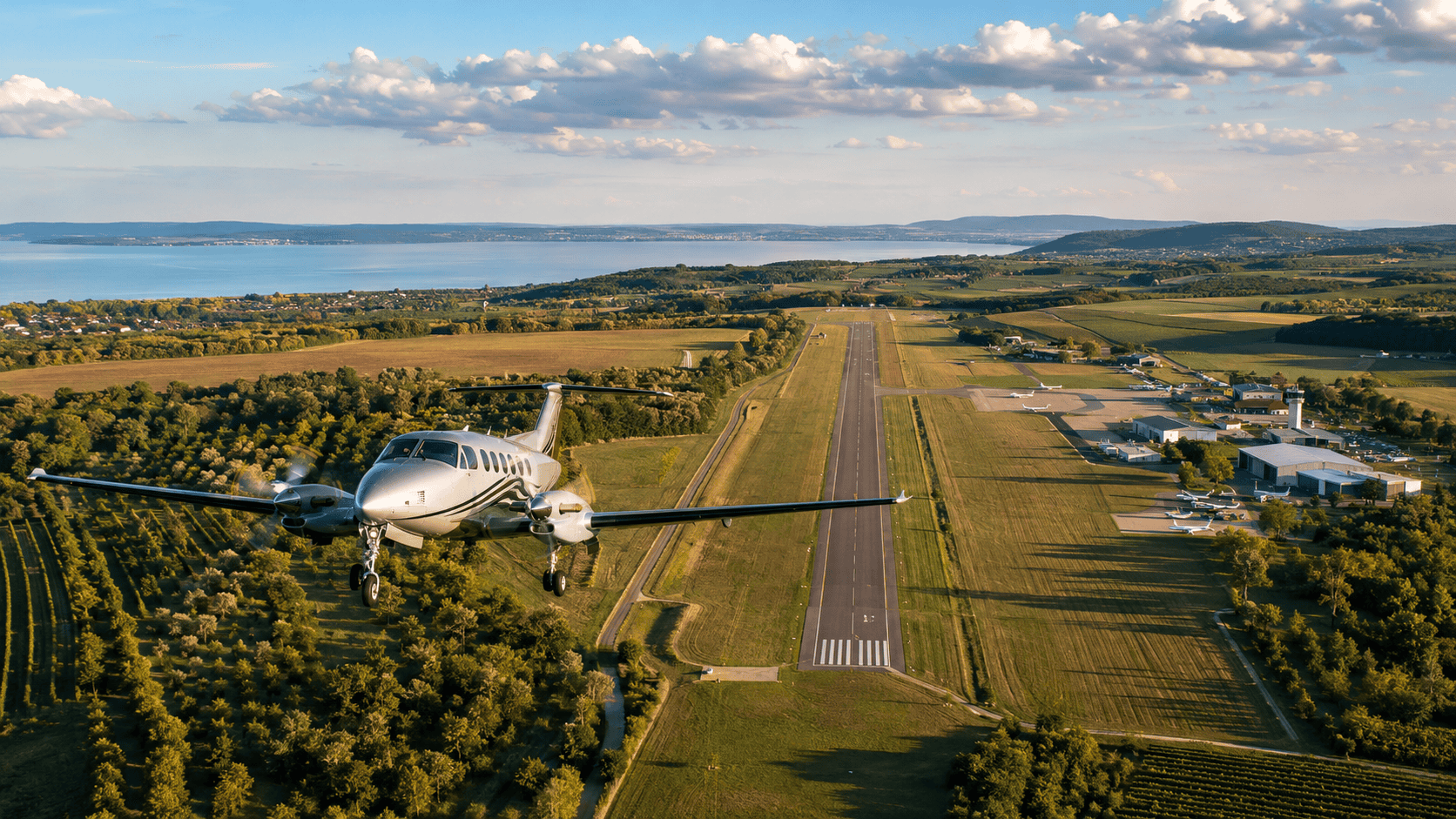 Aircraft on approach to Hévíz–Balaton Airport runway with Lake Balaton in the background