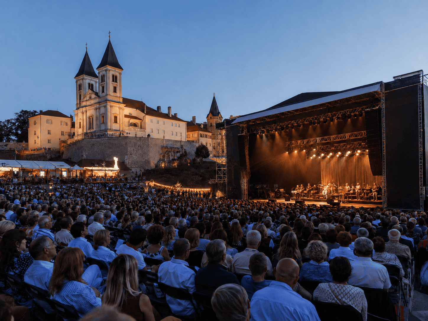 Open-air evening concert with illuminated stage