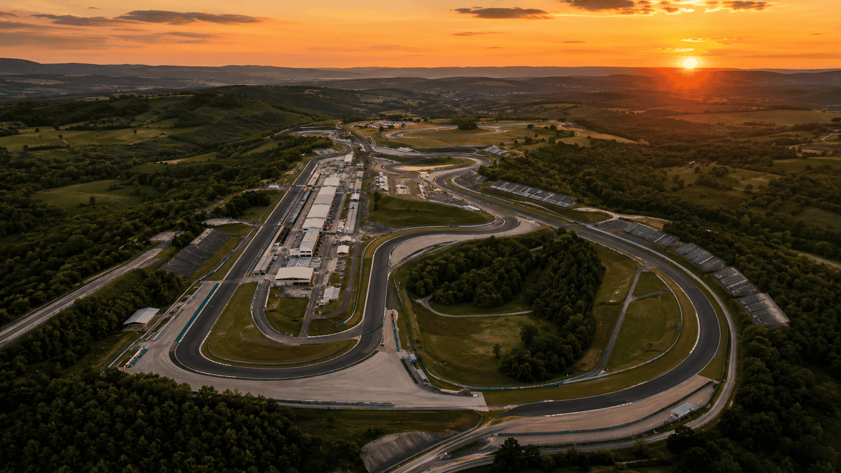 Aerial view of Hungaroring Formula 1 racing circuit near Budapest, Hungary at sunset with profession