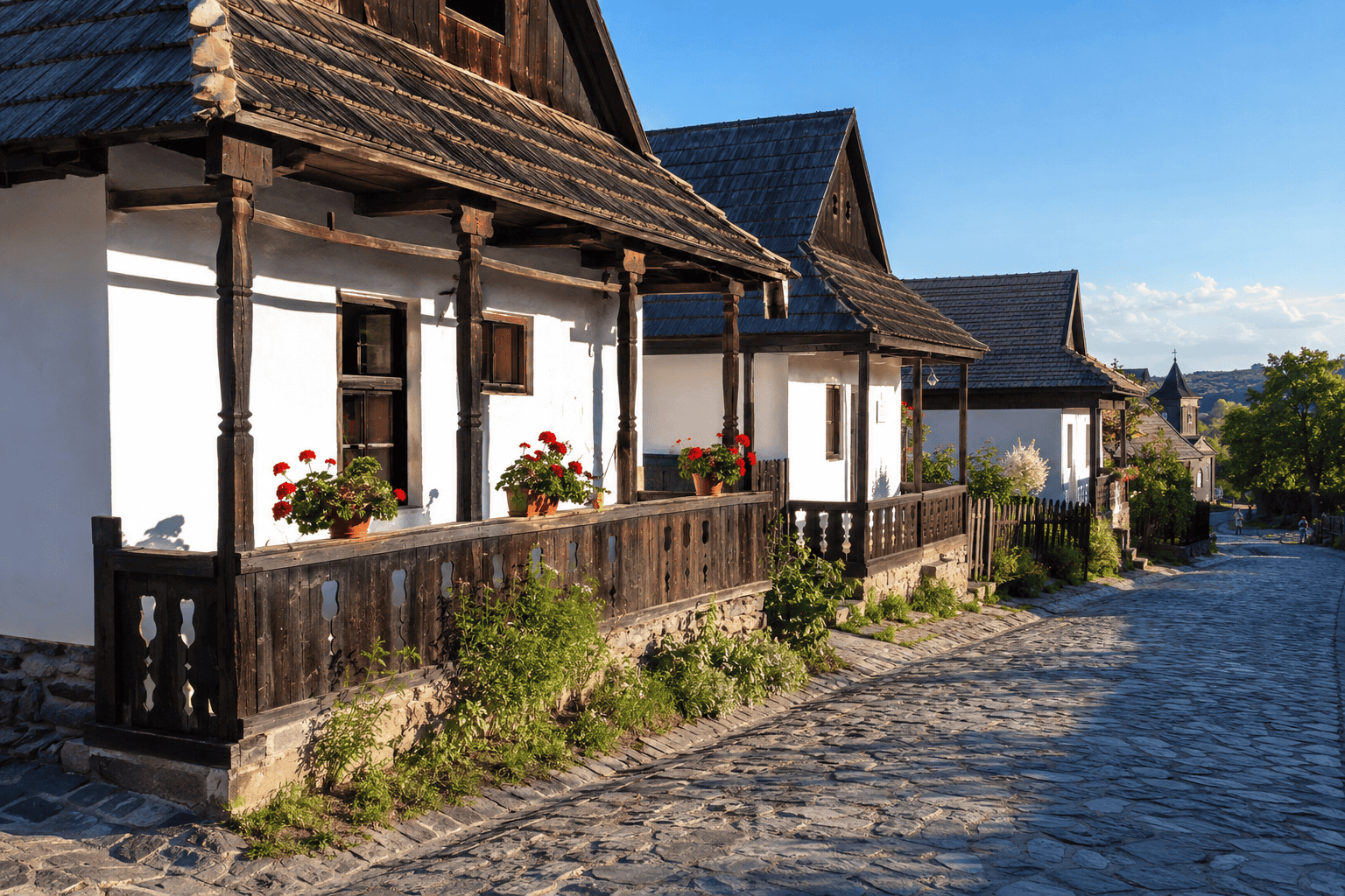 Illustration von weißen Dorfhäusern mit Holzveranden neben einer gepflasterten Straße.