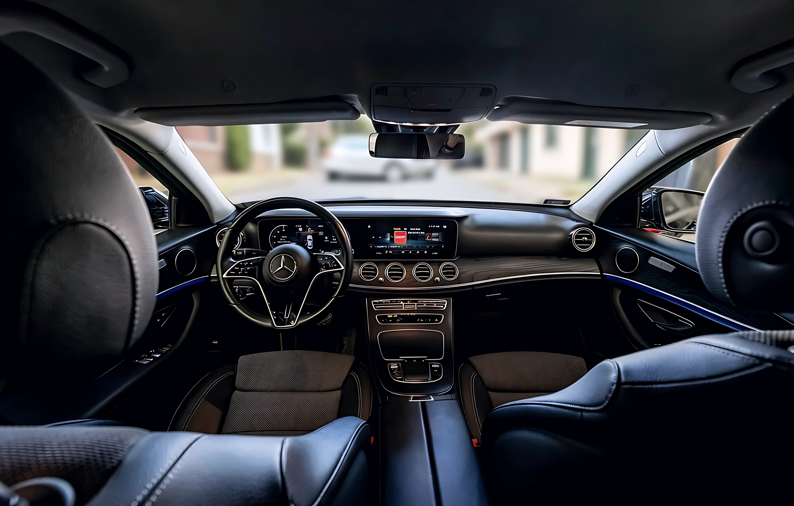 The Mercedes-Benz E-Class dashboard and front seats, viewed from the passenger cabin.