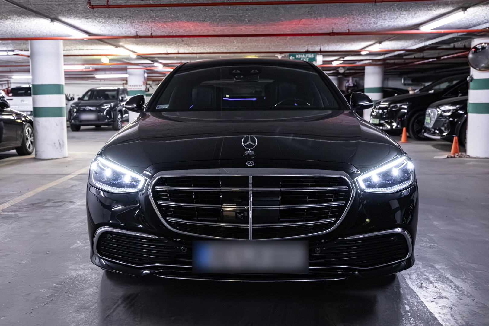 Front view of a black Mercedes-Benz S-Class