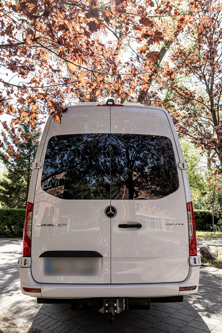 Rear view of the white Sprinter