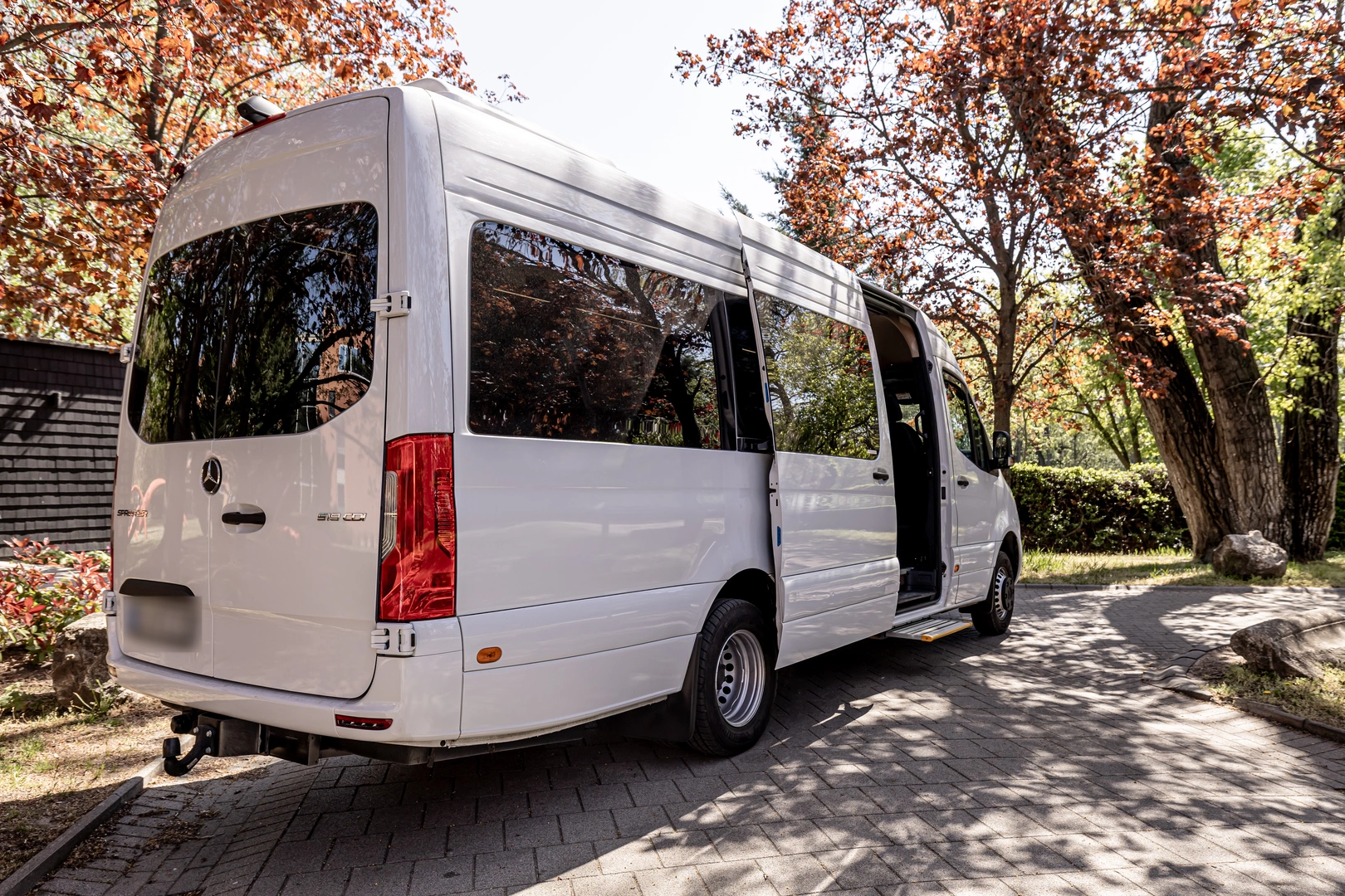 Rear three-quarter view of the minibus