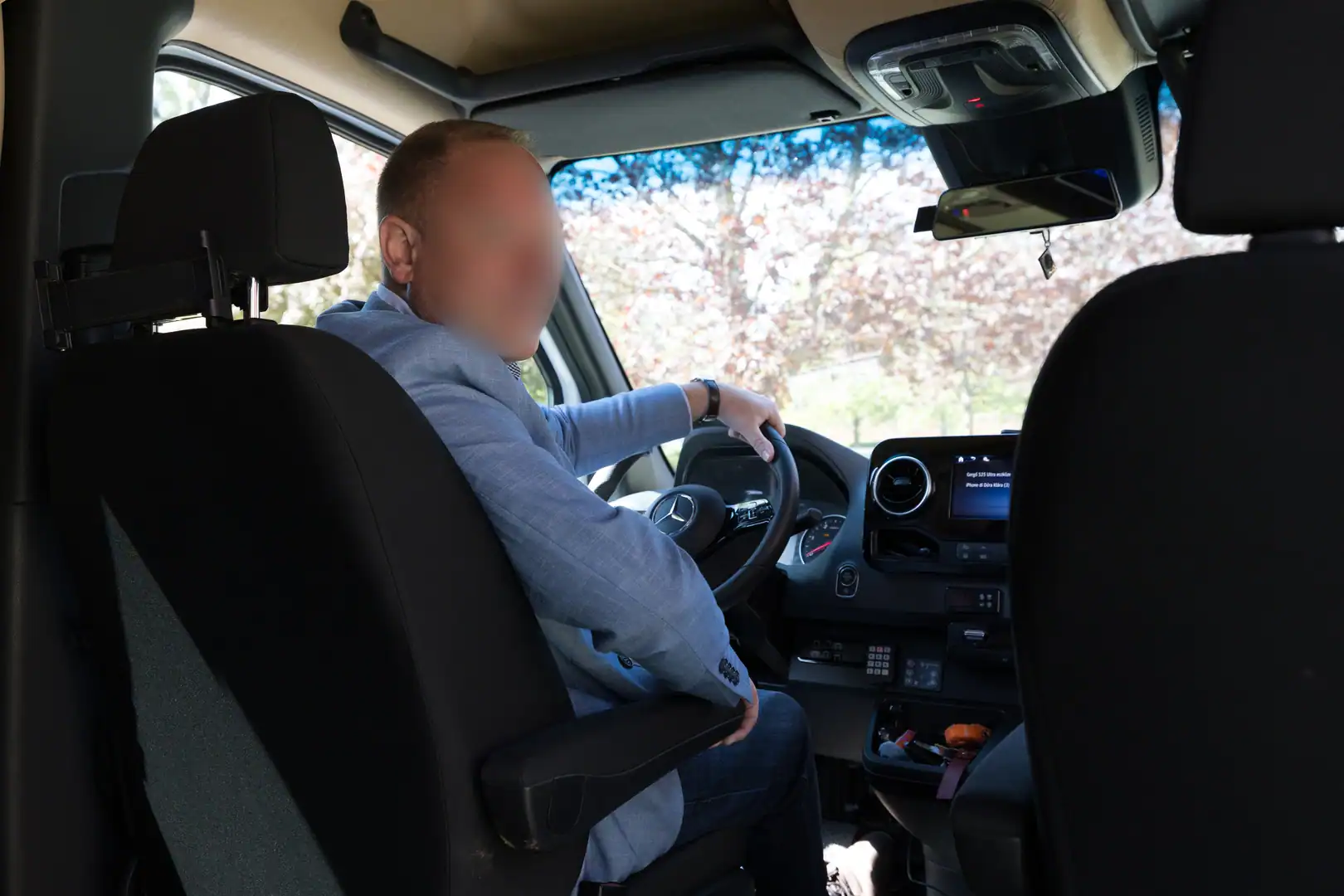 The driver's position seen from inside the cabin