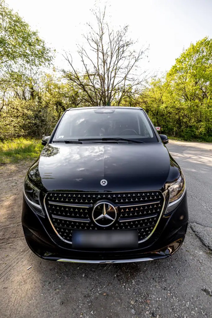 Front view of a black Mercedes-Benz V-Class parked beside greenery