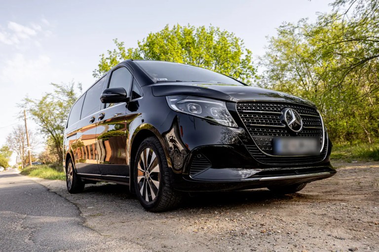 Black Mercedes V-Class, low-angle front three-quarter view