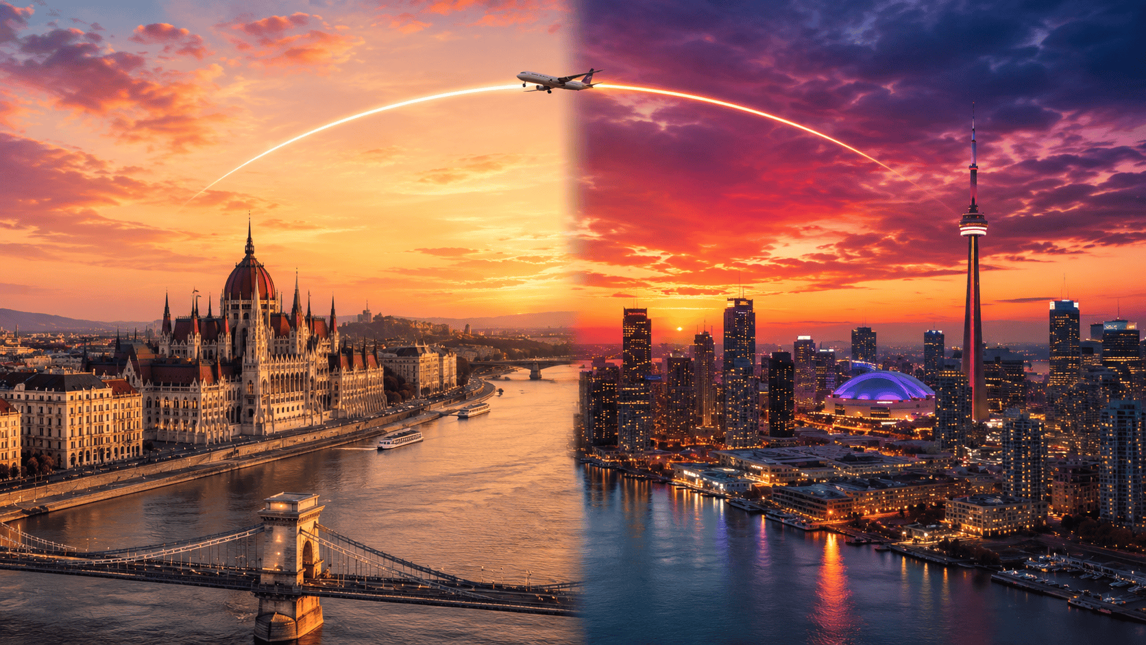 Budapest Parliament Building and Toronto skyline at sunset with private airport transfer plane flyin