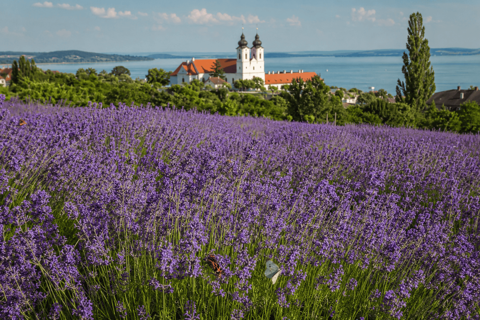 Lavender field above Tihany with Lake Balaton in the background