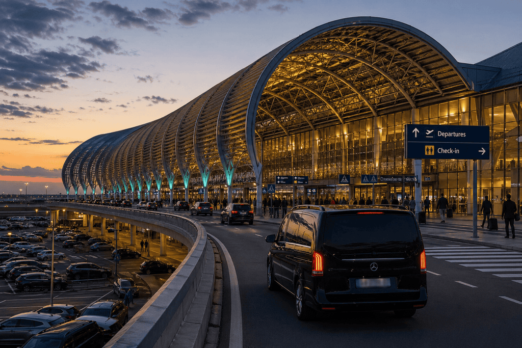 Black Mercedes V-Class at the Budapest Airport terminal