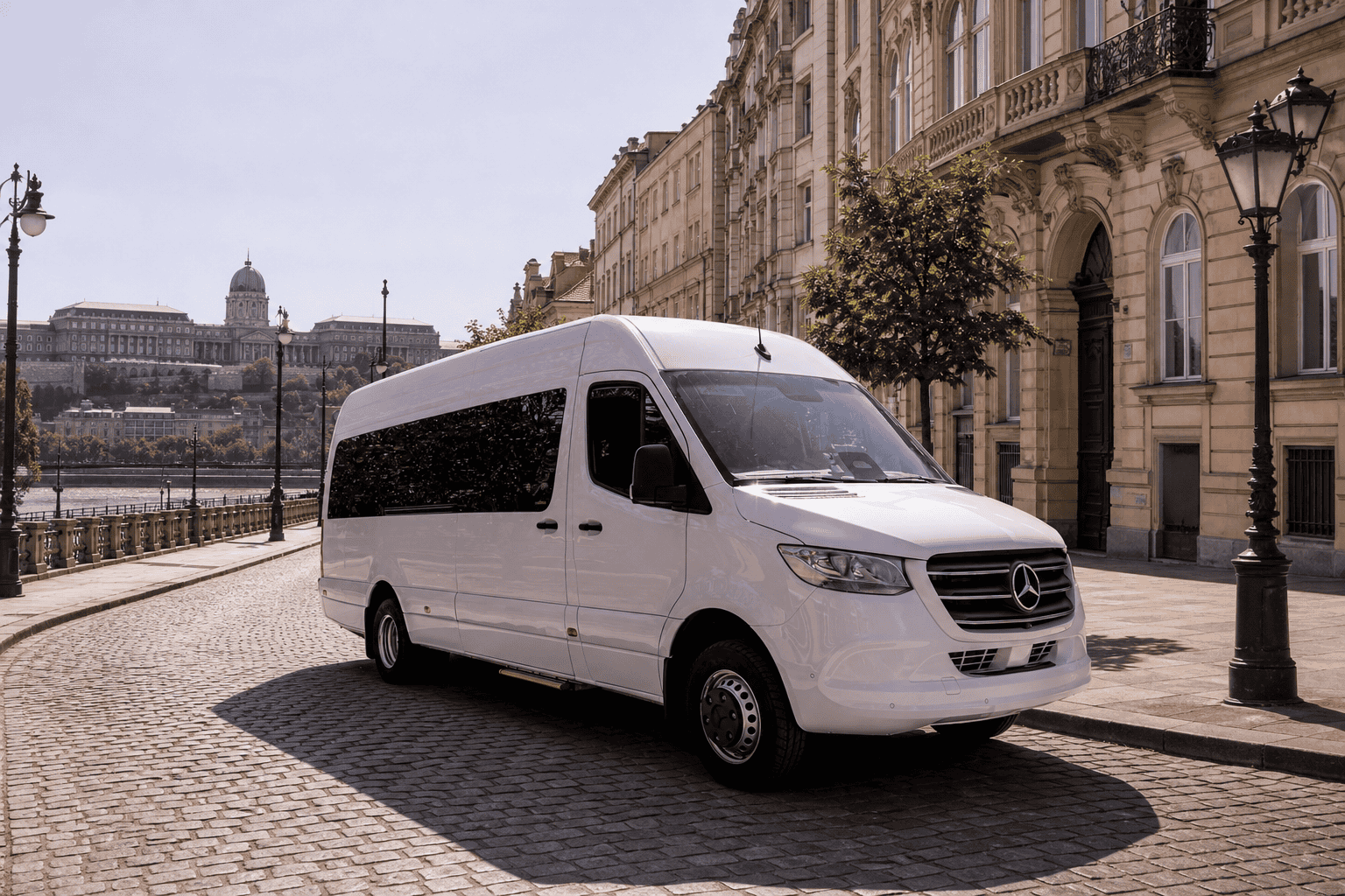 White Mercedes-Benz Sprinter minibus with Budapest backdrop