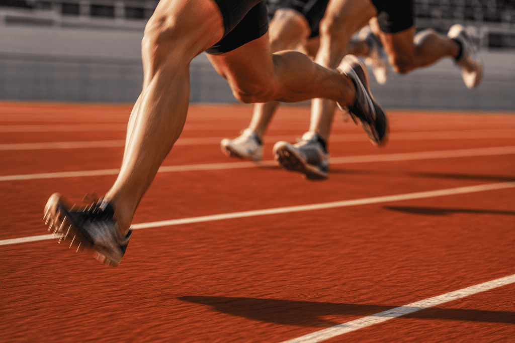 Elite runners accelerating on an athletics track