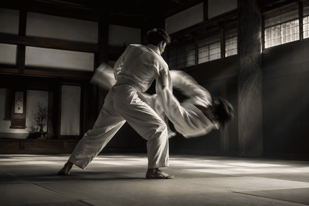 Two judoka contesting a throw during an indoor match