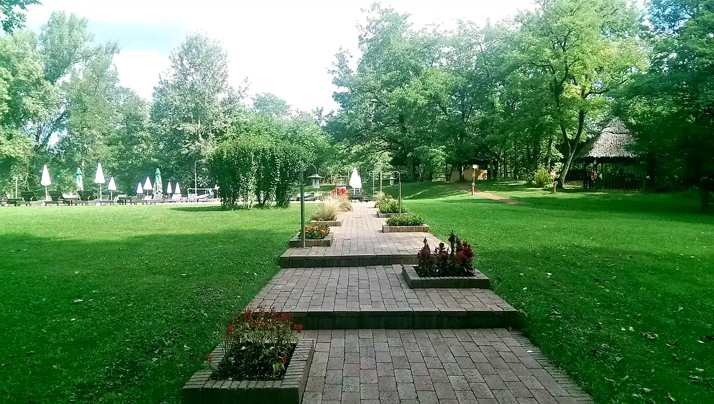 Garden path through the park of a Hungarian Puszta estate