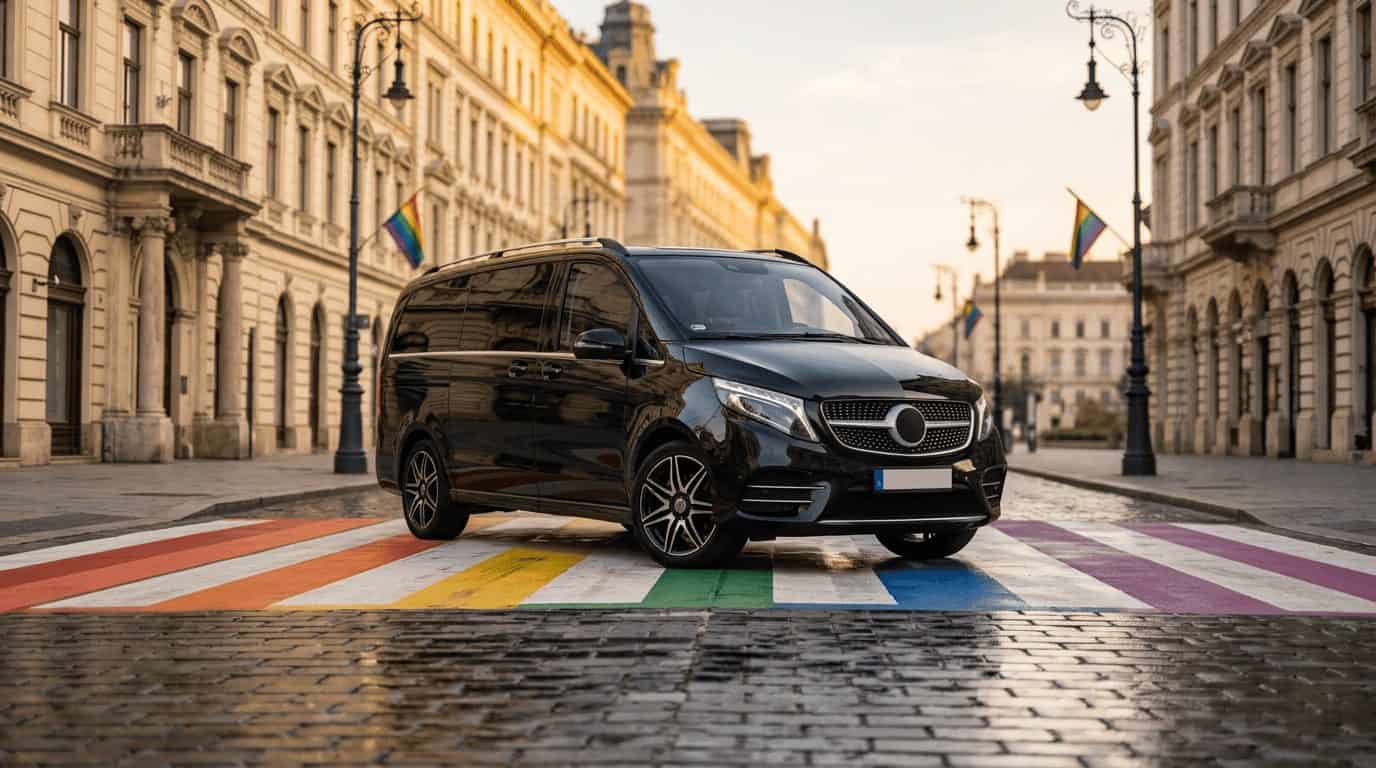 VanBudapest Mercedes-Benz V-Class parked at a rainbow-painted crosswalk in Budapest
