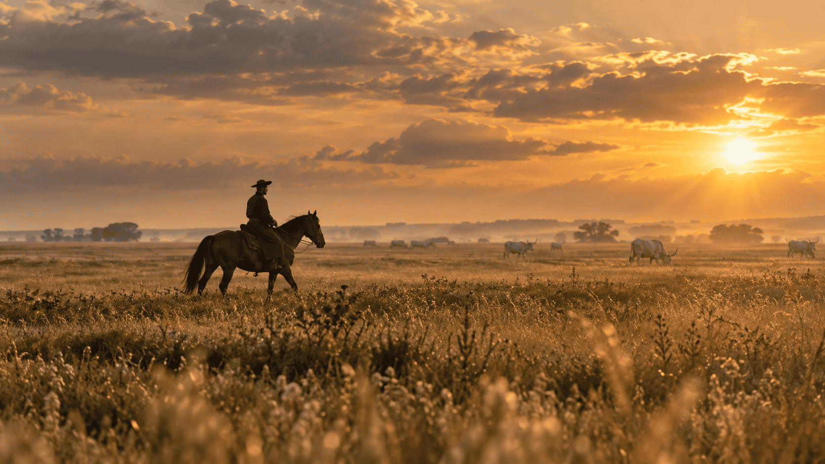 Horse rider and grazing cattle on the Hungarian puszta at sunset