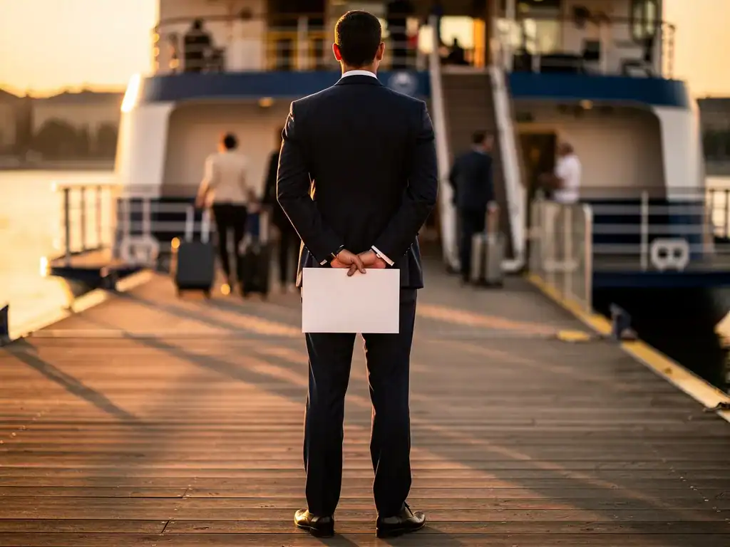 Chauffeur waiting with a name board on a river cruise pier as passengers disembark