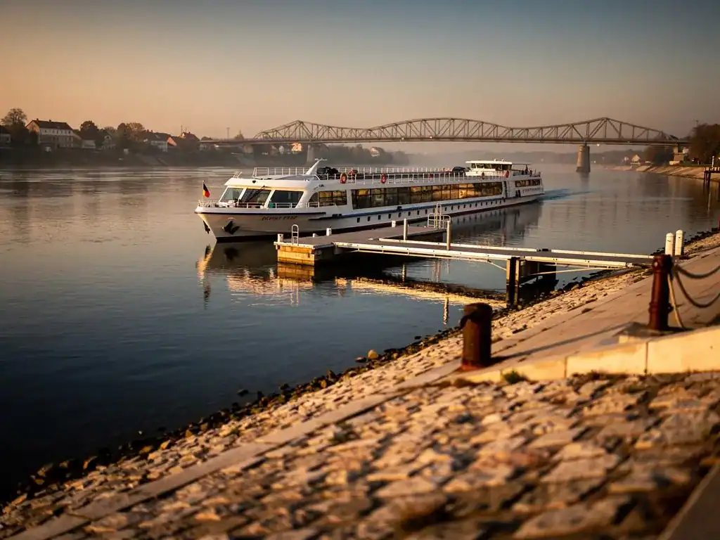 River cruise ship moored at a quiet Danube quay at golden hour, illustrating the Komárom–Komárno riverside