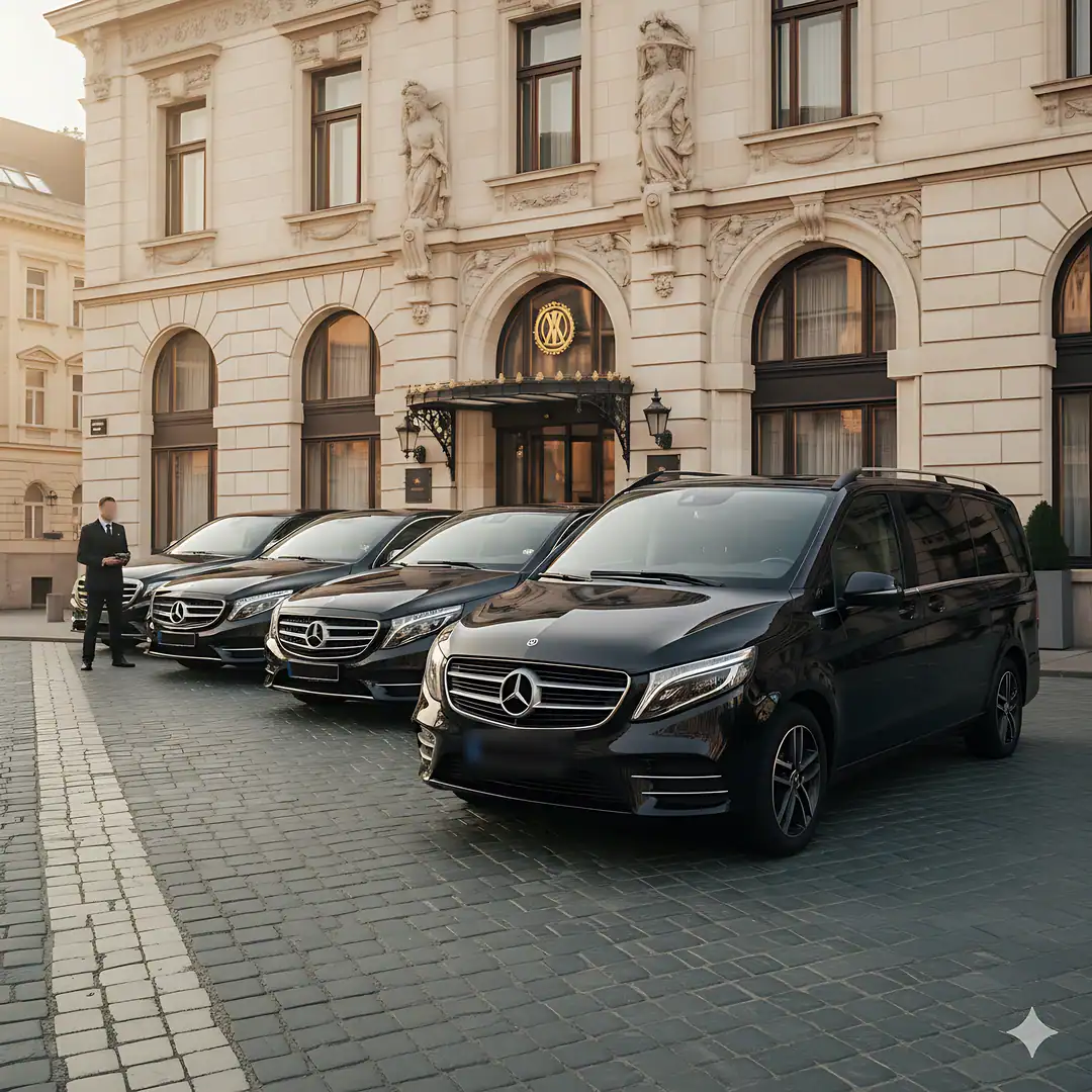 Mercedes-Benz V-Class vehicles outside a city landmark