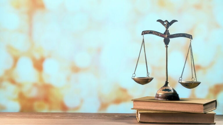 Scales of justice on law books for securities law and negligence cases.