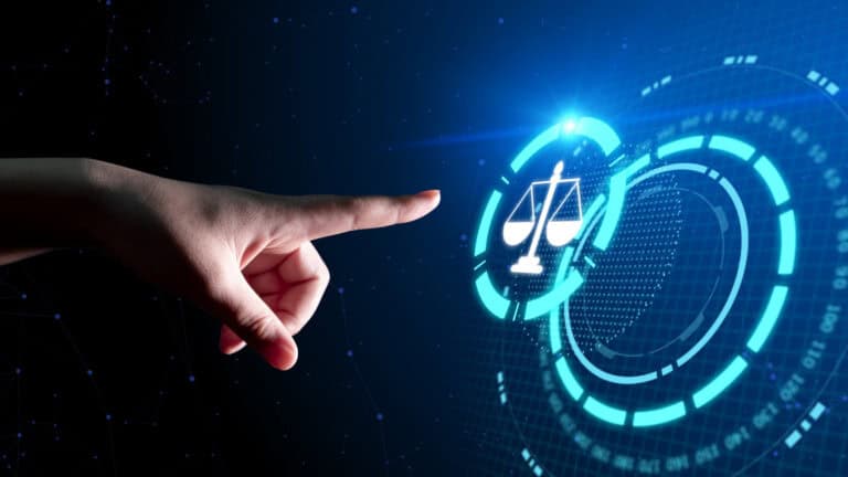 Digital hand pointing at a futuristic security and legal icons display.