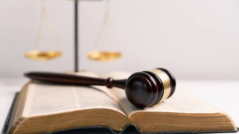 Gavel resting on an open law book, symbolizing securities litigation.