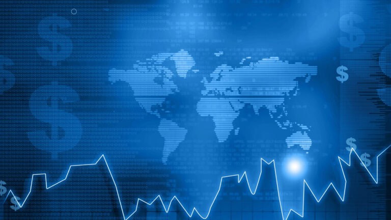 Global financial data with world map and stock market graph.