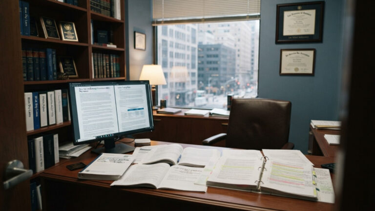 Law office with books, documents, and dual monitors on a wooden desk.