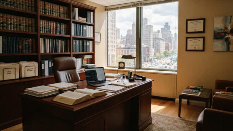 Office with large window, bookshelves, and desk with laptop and papers.