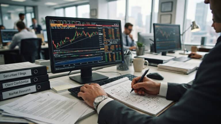 Financial analyst reviewing stock market data on multiple monitors in an office.