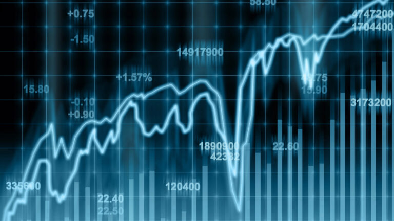 Stock market graph with rising and falling lines and numerical data.