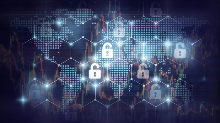 Digital security locks over a world map with data lines and graphs.