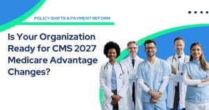 Five healthcare professionals stand together, smiling, talking about CMS 2027 Medicare Advantage readiness operational workflow planning