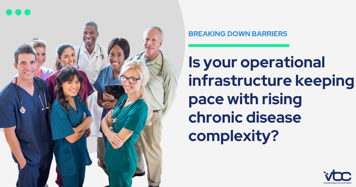 A diverse group of healthcare professionals stand together managing chronic disease complexity during the transition from fee-for-service to value-based care
