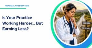 A doctor stands at a forked path with signs reading “More Work” and “Less Revenue,” appearing concerned. Text on left reads: “Is Your Practice Working Harder… But Earning Less?” Subtle hints of strained healthcare infrastructure underscore the doctor’s dilemma. Physician practice revenue improves through better operations and reduced administrative burden.
