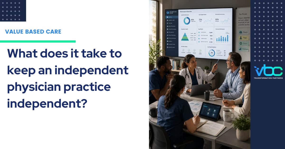 Four professionals sit at a conference table reviewing how VBC Transformation Partners' VBC Operating System helps independent physician practices succeed in value-based care.