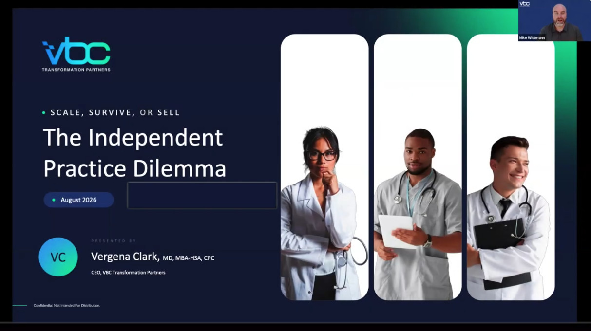 Presentation slide titled “The Independent Practice Dilemma” with images of three healthcare professionals and Zoom thumbnail of a presenter in the top right corner.