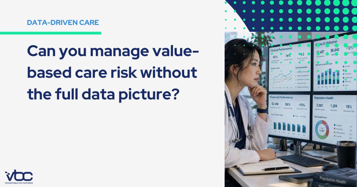 A medical professional reviewing value-based care data across clinical, claims, utilization, and financial performance dashboards in a complex healthcare environment.