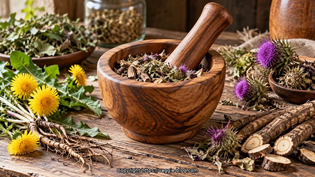 Mortar and pestle with dried herbs and wildflowers for herbal medicine.