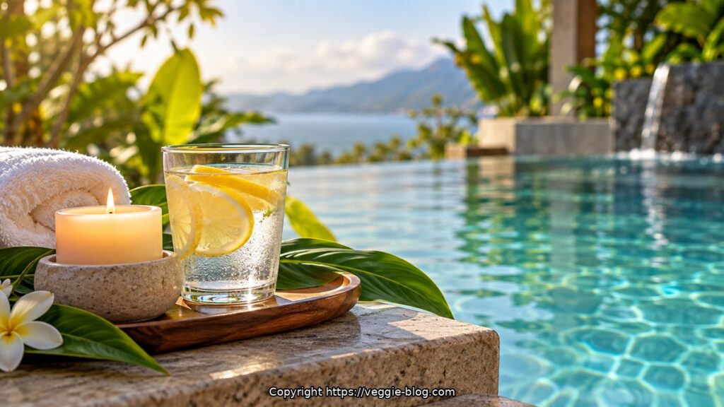 Poolside scene with lemon water, candle, and tropical plants.
