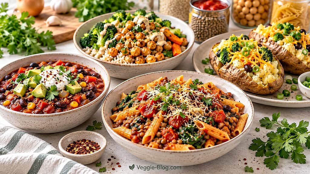 Affordable vegetarian dinners with beans, pasta, potatoes and vegetables