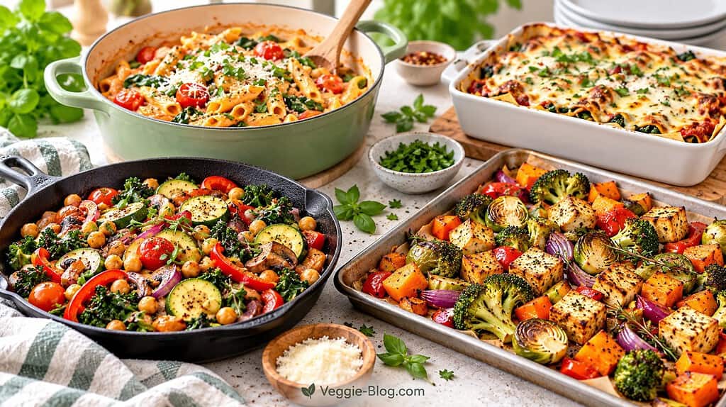 Vegetarian one-pot pasta, skillet vegetables and sheet-pan dinners