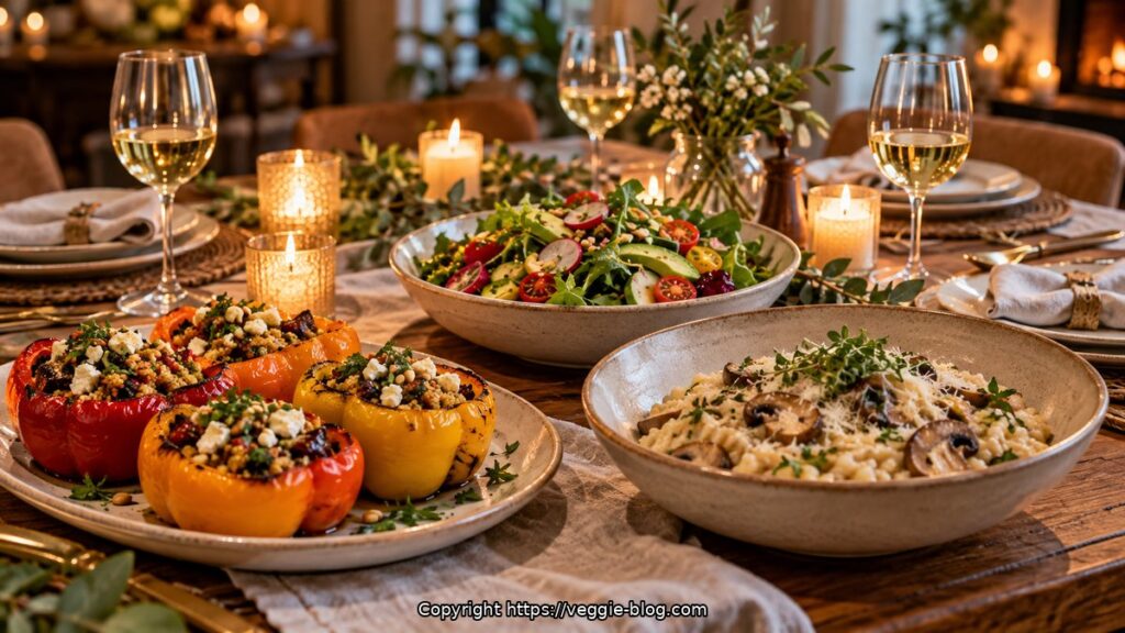Vegetarian dinner with colorful stuffed peppers, pasta, and fresh salads on a rustic table.