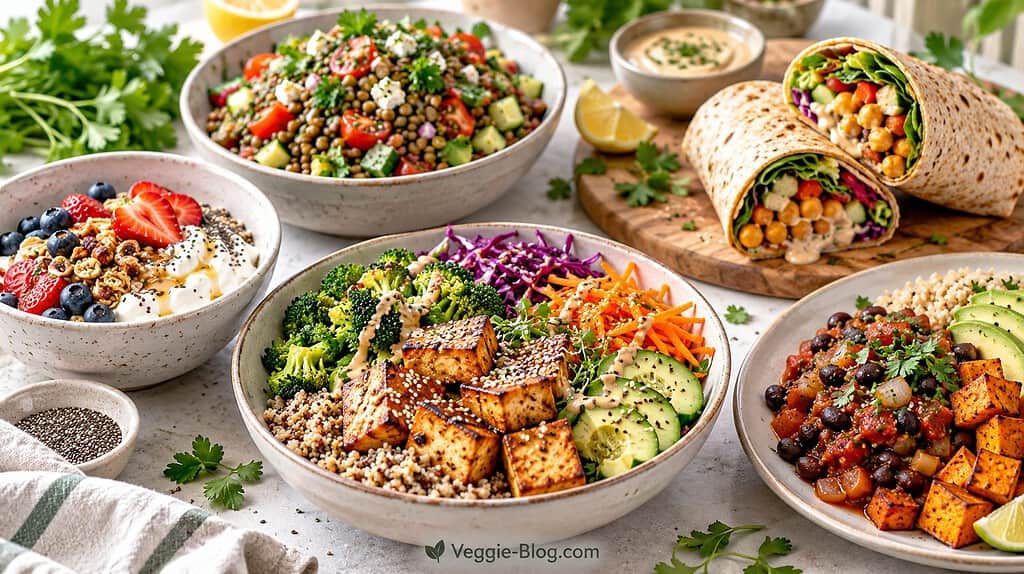 High-protein vegetarian meal assortment with tofu, grains, legumes and fresh vegetables