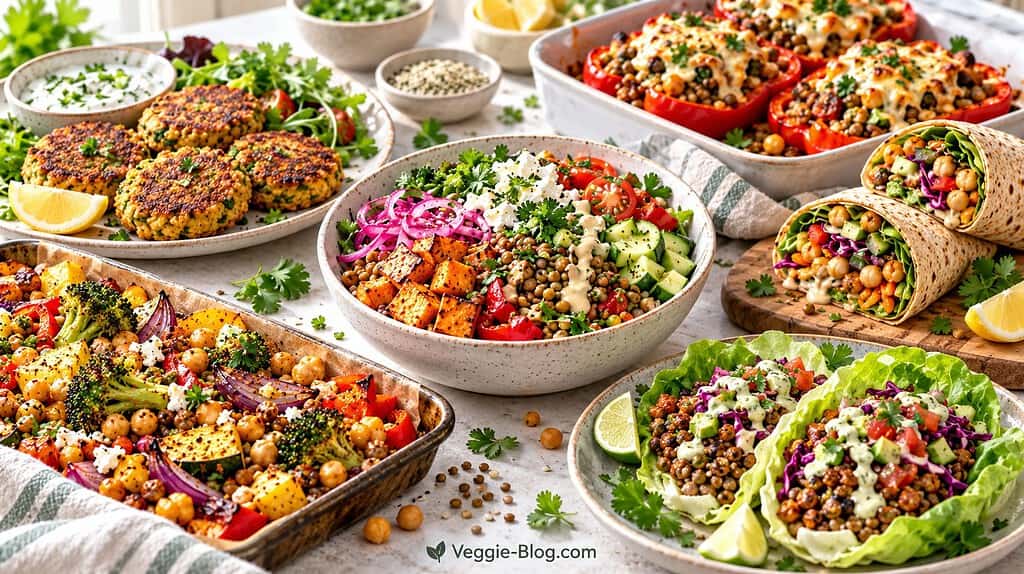 Lentil and chickpea dishes including wraps, bowls and patties