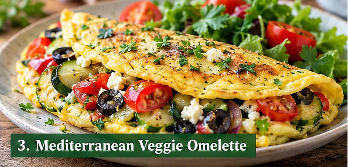 Mediterranean veggie omelette with zucchini, tomatoes, herbs and olives