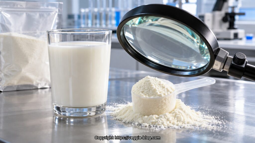 Glass of fresh milk with powdered dairy and magnifying glass in laboratory setting.